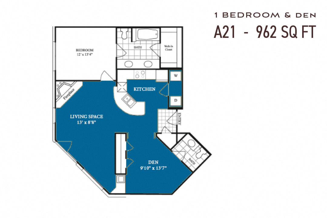 Floor plan for 1 bed, 1.5 baths, 962 sqft